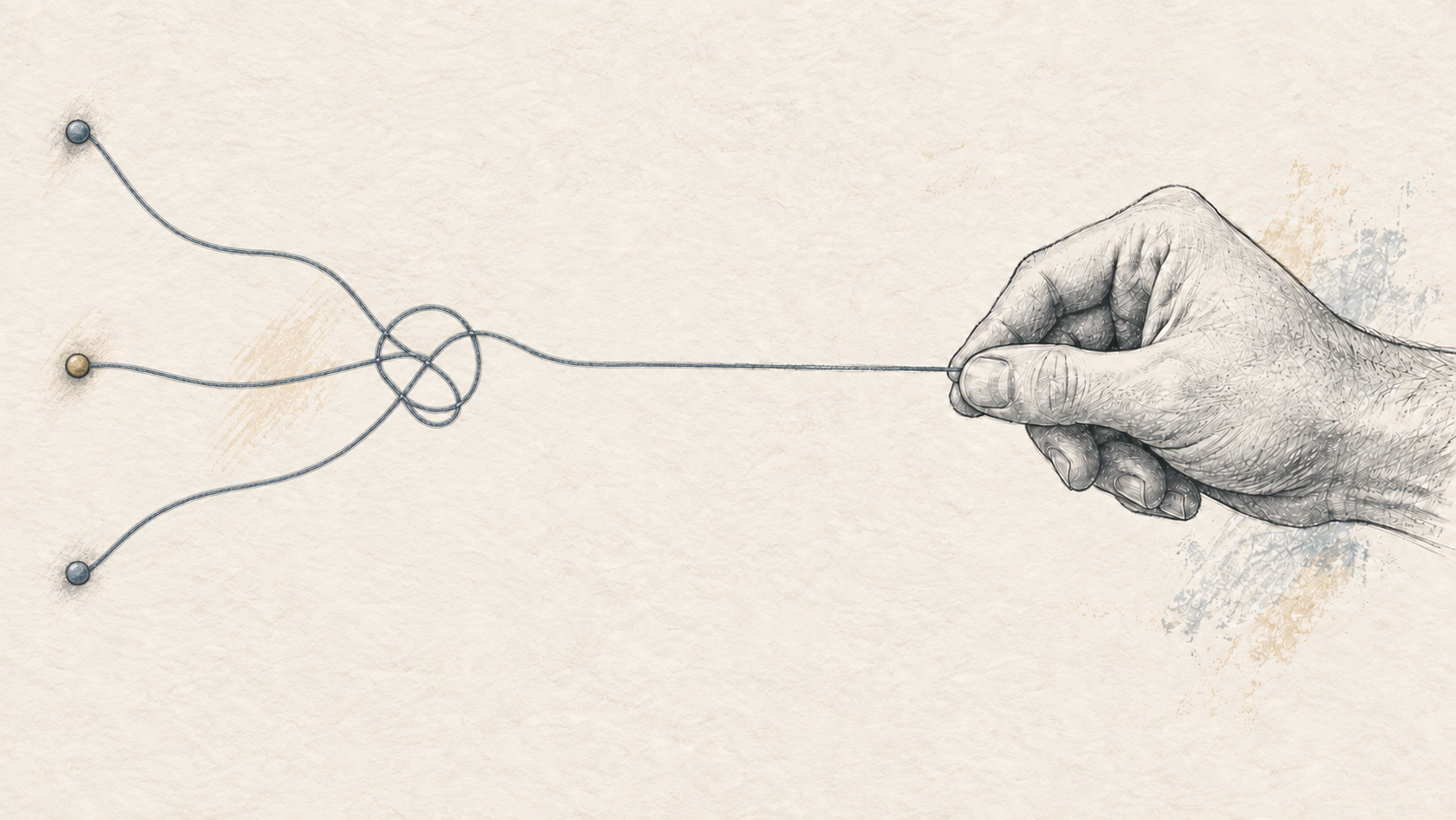 A hand pulls one clear thread from a small tangle fed by three anchored strands
