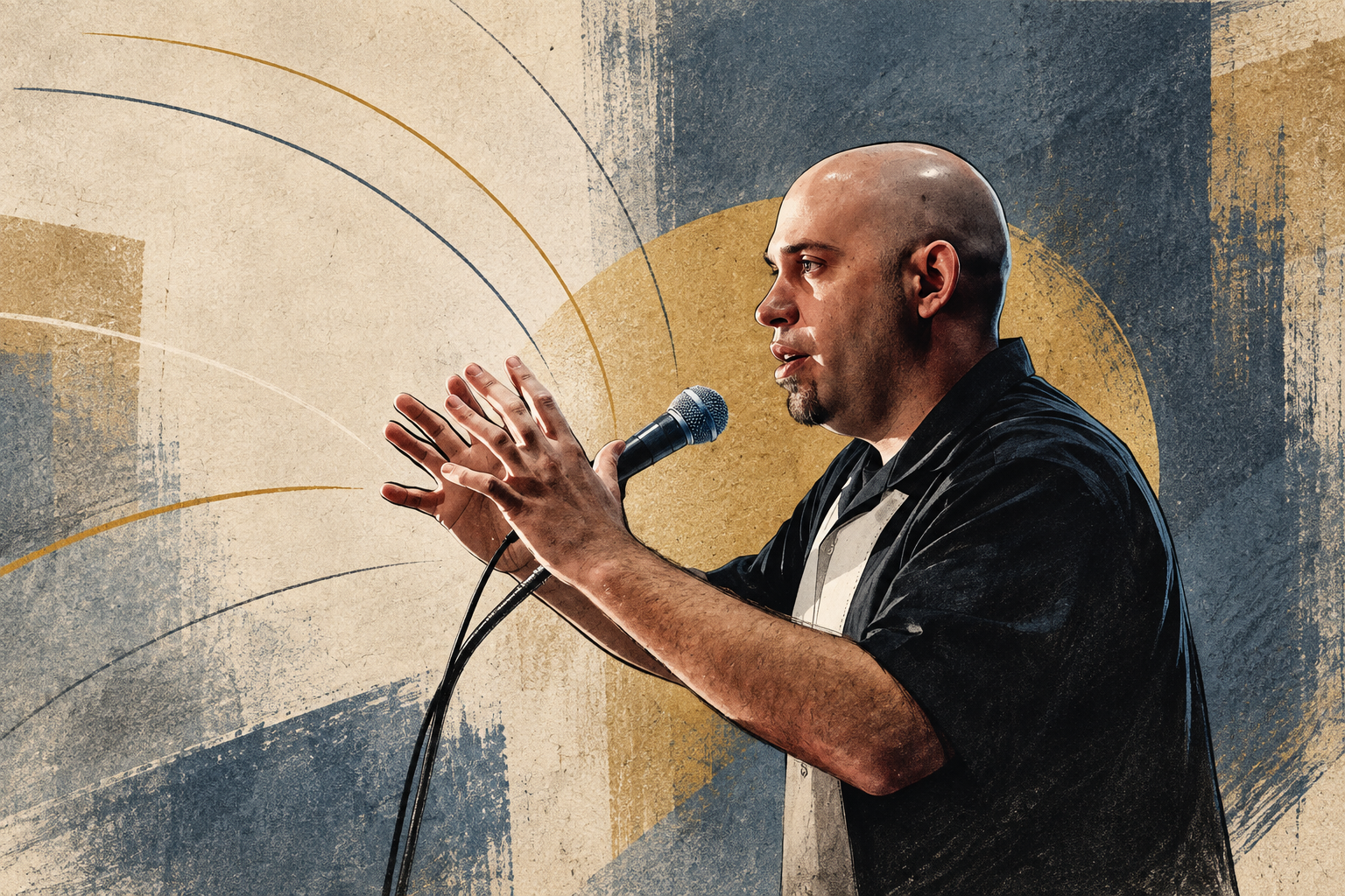 Michael explaining an idea with both hands while holding a microphone