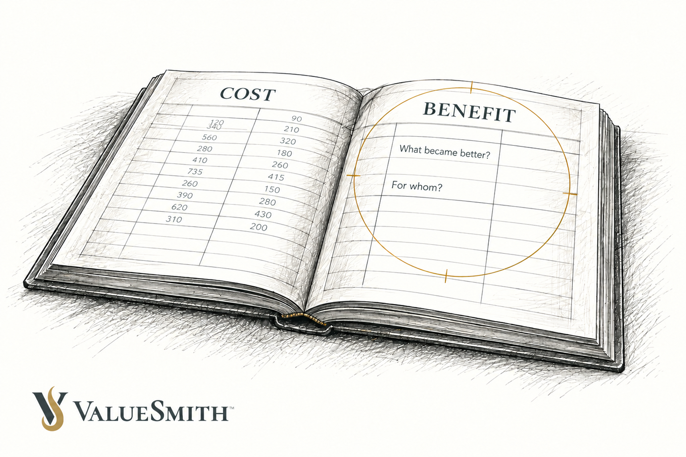 An open ledger shows a column of costs beside a benefit page brought into focus by a gold circle. The benefit page asks: What became better? For whom?